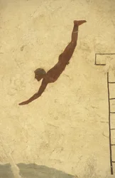 Griechische Kunst: Fresko des Grabes des Tauchers, Paestum, Region Kampanien, Italien. Tomba del Tuffatore, Wandmalerei, Archäologischer Park Paestum, Kampanien, Italien