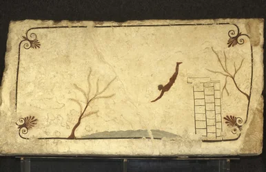 Griechische Kunst: Fresko des Grabes des Tauchers, Paestum, Region Kampanien, Italien. Tomba del Tuffatore, Wandmalerei, Archäologischer Park Paestum, Kampanien, Italien