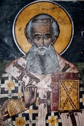 Griechisch-orthodoxes Christentum; antike byzantinische Fresken; Wandgemälde von Bischof Nikolaus; Kirche von Agios Nikolaos in Petra; Lesbos; Ägäisches Meer; Griechenland; Europa