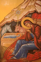 Griechisch-orthodoxe Ikone, die die Geburt Christi darstellt Thessaloniki Griechenland