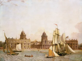 Greenwich Hospital (England), von Isle of Dogs (Nordufer der Themse), mit der Navigation einer Vielzahl von Booten auf dem Fluss, um 1830-1840