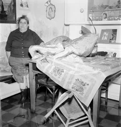 Hochwasser in Venedig (acqua alta oder Überschwemmungen): eine Bewohnerin in ihrem Haus. 1962 Venedig