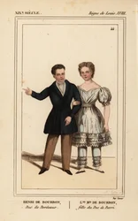 Henry, Graf von Chambord, Herzog von Bordeaux 1820-1883 und Louise Marie Therese von Artois, Tochter des Herzogs von Berry 1819-1870. Handkolorierte Lithographie von Madame Calon aus Le Bibliophile Jacob alias Paul Lacroix