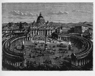 Geschichte des antiken Roms. Der Petersplatz ist ein großer Platz direkt vor dem Petersdom in der Vatikanstadt, der päpstlichen Enklave, die von Rom umgeben ist, direkt westlich des Stadtteils Borgo.