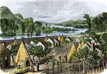 Geschichte der indigenen Völker: Mohawk-Dorf, New York, um 1780. Farbige Gravur des 19. Jahrhunderts