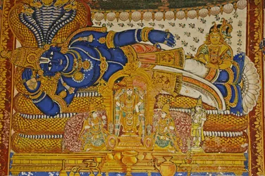 Indien, Tamil Nadu, Srirangam, Sri Ranganathasvami Hindu-Tempel (ursprünglich 10. Jahrhundert), Wandgemälde von Vishnu