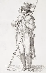 Italienischer Bauer, der Dulzaina spielt, nach einem Werk aus dem 16. Jahrhundert von Cesare Vecellio, aus 
