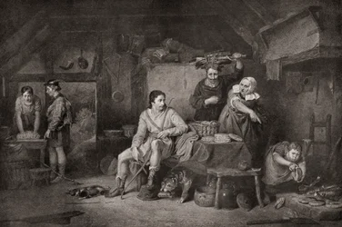 König Alfred in der Hütte des Hirten. Alfred der Große, ca. 848–899. König von Wessex. Die Legende erzählt, wie Alfred, als er in die Somerset Levels floh, von einer Bäuerin Unterschlupf erhielt, die, ohne seine Identität zu kennen, ihn bat, einige Kuchen 