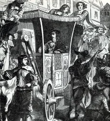 König Karl I. wird von der Menge verhöhnt nach dem gescheiterten Versuch, die fünf Parlamentsmitglieder John Pym, John Hampden, Denzil Holles, William Strode und Arthur Haselrig am 4. Januar 1642 zu verhaften. 19. Jahrhundert (Gravur aus „Geschichte der We