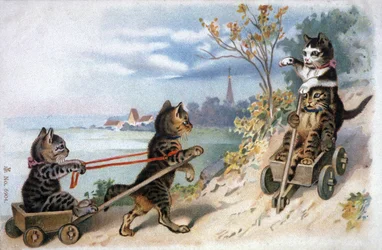 Kätzchen in Schlitten, frühes 20. Jahrhundert