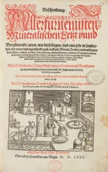 Labor für Erzanalysen, mit Ofen, Instrumenten und Werkzeugen - Titelseite von Beschreibung der Erze und der wichtigsten Methoden des Bergbaus von Lazarus Ecker - Alchemie & Frühchemie Titelseite eines Buches über Metallurgie