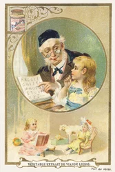 Lesen mit Großvater. Chromolithographische Werbung, die in einem kreisförmigen Rahmen eine ältere Person und ein kleines Kind an seiner Seite darstellt. Unten im Bild ein sitzendes Mädchen, umgeben von Spielzeug. Herausgegeben von Compagnie Liebig, Paris, 