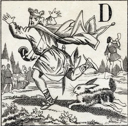 Buchstabe D: König Dagobert von einem Hasen verfolgt. Gravur in "ABC Les Images en Alphabet". Epinal-Bildgebung. Pellerin und Cie, Drucker-Verleger, Epinal, Ende des 19. Jahrhunderts, circa 1890.