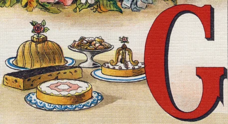Buchstabe G: Kuchen. Gravur in "Alphabet de ma petite fille". Bernardin-Bechet und Fils, Buchhändler-Verleger, Paris, um 1895.