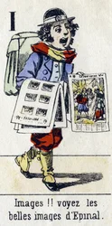 Buchstabe I: "Bilder!! Sehen Sie die schönen Bilder von Epinal". Alphabet "Kindervergnügen". Epinal-Bildgebung, um 1890. Beliebte Serie. Kleines Heft mit 8 Seiten.
