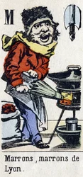 Buchstabe M: "Braun, Braun von Lyon". Alphabet "Kindervergnügen". Imaging von Epinal, ca. 1890. Beliebte Serie. Kleines Heft mit 8 Seiten.