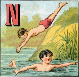 Buchstabe N für Schwimmen. Gravur in „Alphabet des petits écoliers“. Bild von Epinal, um 1885. Private Sammlung