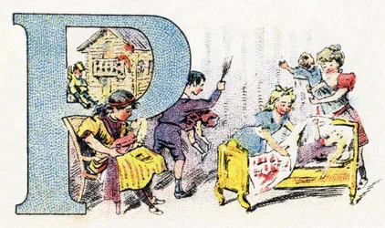 Buchstabe P: Puppe Polichinelle. Alphabet von Phosphatine Falieres. Gravur. Brevete Alphabet S.G.D.G. von Apotheker Pierre Emile Falieres. Illustrationen in Chromolithographie, Ende des 19. Jahrhunderts. 16 Seiten.