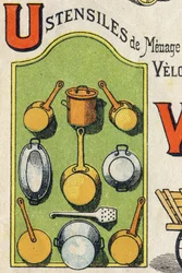 Buchstabe U. Cocote, Herd, Eichhörnchen, Kochtopf... Gravur in "ABC Toys". Epinal-Bildgebung in Chromolithographie, um 1890. Kleines Heft mit 8 Seiten.