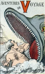 Buchstabe V: Reiseabenteuer. Gravur in "ABC Les Images en Alphabet". Epinal-Bildgebung. Pellerin und Cie, Drucker-Verleger, Epinal, Ende des 19. Jahrhunderts, circa 1890.