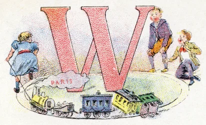 Buchstabe W: Wagen. Alphabet von Phosphatine Falieres. Gravur. Brevete Alphabet S.G.D.G. von Apotheker Pierre Emile Falieres. Illustrationen in Chromolithographie, Ende des 19. Jahrhunderts. 16 Seiten.