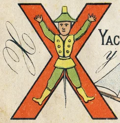 Buchstabe X. Gravur in "ABC Toys". Epinal-Bildgebung in Chromolithographie, um 1890. Kleines Heft mit 8 Seiten.