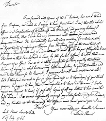 Brief von David Hume an Richard Davenport über die großen Schwierigkeiten seiner Beziehung zu Jean-Jacques Rousseau, Rousseaus Weigerung, eine Pension anzunehmen, und seine Streitigkeiten mit Hume, 8. Juli