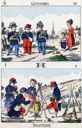 Buchstaben G H I: Gendarmen und Infanterie. Gravur in "Alphabet militaire enfantin". Bildgebung von Pont-a-Mousson, um 1890. 20 Seiten.