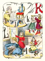 Buchstaben J K und L wie Journal, Kaleidoskop und Gesangslektion. Gravur in „Spaßalphabet“. Bild von Pont-à-Mousson. Druck und Verlag Louis Vagne, Ende des 19. Jahrhunderts