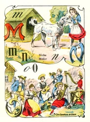 Buchstaben M N und O als Medor, Nische und Schweizer Orchester. Gravur in "Fun Alphabet". Imaging von Pont-a-Mousson. Druck und Verlag Louis Vagne, Ende des 19. Jahrhunderts