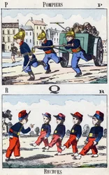 Buchstaben P Q R: Feuerwehrleute und Rekruten (Illustration aus „Alphabet militaire enfantin“)
