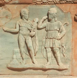 Libyen, Historisches Tripolitanien, Antikes Sabratha, Theater, Detail des Reliefs