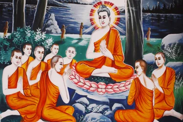 Leben des Buddha Fragender Buddha lehrte seine Jünger die Kunst des Fragens, Siem Reap, Kambodscha