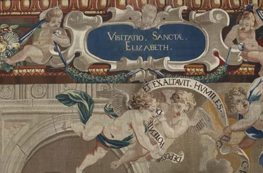 Leben der Jungfrau: „Die Heimsuchung“ (Detail) Wandteppich aus Wolle und Seide, hergestellt in der Werkstatt von Pierre Damour nach den Zeichnungen von Charles Poerson (1609-1667)