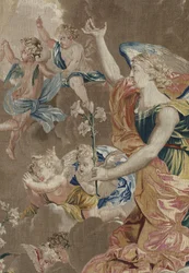 Leben der Jungfrau: „Die Verkündigung“ (Detail) Wandteppich aus Wolle und Seide, hergestellt in der Werkstatt von Pierre Damour nach den Zeichnungen von Charles Poerson (1609-1667)