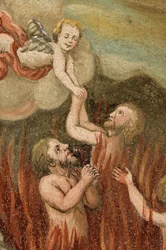 Lüsen (Luson) im Lüsner Tal unter der Plose bei Brixen, Südtirol, Alto Adige, Italien. Kirche St. Georg, Erlösung des Fegefeuers