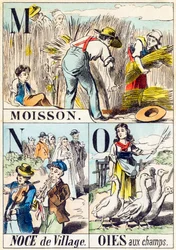 M N O: Ernte, Dorffest, Gänse auf dem Feld - "Alphabet des Bauernhofs" Ende des 19. Jahrhunderts