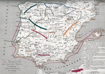 Karte von Spanien zur Zeit des germanischen Hispania, 409-585. Gravur aus dem „Atlas Universel“ von Houze