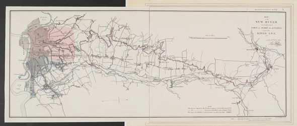 Karte des New River von seiner Quelle in der Nähe der Stadt Ware bis London
