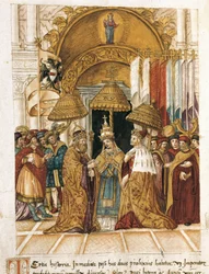 Treffen zwischen Friedrich Barbarossa und Papst Alexander III. im Dogenpalast in Venedig im Jahr 1177