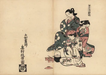 Miasma (Sawaki no tei), mit drei Kurtisanen in den Vergnügungsvierteln von Yoshiwara. Holzschnitt von Masanobu Okumura (1686-1764) aus Fuzoku Emakimono, Bildrolle des Wasserhandels, Tokio, Nachdruck um 1880