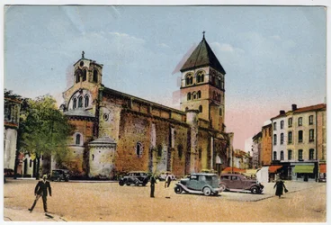 Midi Pyrenees, Haute-Garonne (31), Saint Gaudens: Außenansicht der Kollegialkirche Saint Peter und Saint Gaudens - Postkarte von 1951
