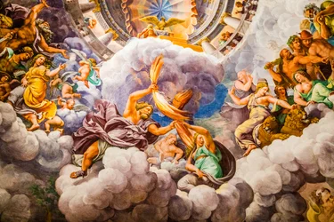 Berühmtestes Fresko des Manierismus: Giulio Romanos Illusion erfindet eine Kuppel und löst die Architektur des Raumes in den Fall der Giganten auf, Saal der Giganten