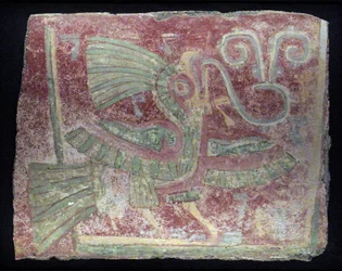 Wandfragment eines Quetzals mit singender Virgula, Frühklassische Periode