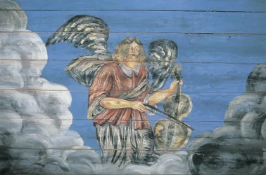 Wandgemälde auf einer Holzwand, Ethnographisches Freilichtmuseum, Riga, Lettland