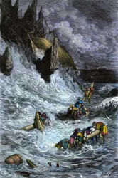 Mythen und Legenden: Sindbad und seine Gefährten nach den 1001 Nächten. Farbige Gravur von Gustave Doré.