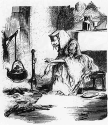 Alte Hexe mit großen Zähnen, die einen Trank in ihrem Kamin kocht