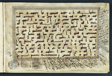Seite aus einem Koran mit kufischer Schrift und Diakritika in Rot, 9.-10. Jahrhundert