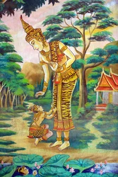 Gemälde darstellend die Lebensgeschichte von Shakyamuni Buddha. Wat Naxai, Vientiane, Laos