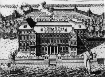Palast von A. Menshikov auf der Wassiljewski-Insel: Eines der ersten Gebäude in St. Petersburg (1711-1716), Gravur von A. Zubov (1717), Russland